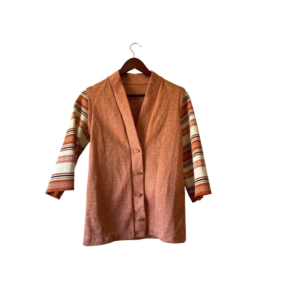 Vintage 70s Orange Knit Cardigan Sweater Striped Sleeves Toggle Button medium